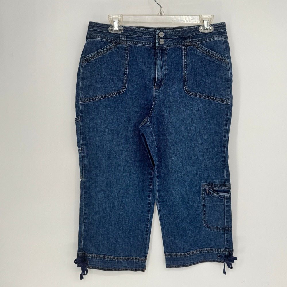Coldwater Creek Womens Blue Denim Cargo Capri Jeans Size 8 Cropped Leg Tie - Picture 1 of 14